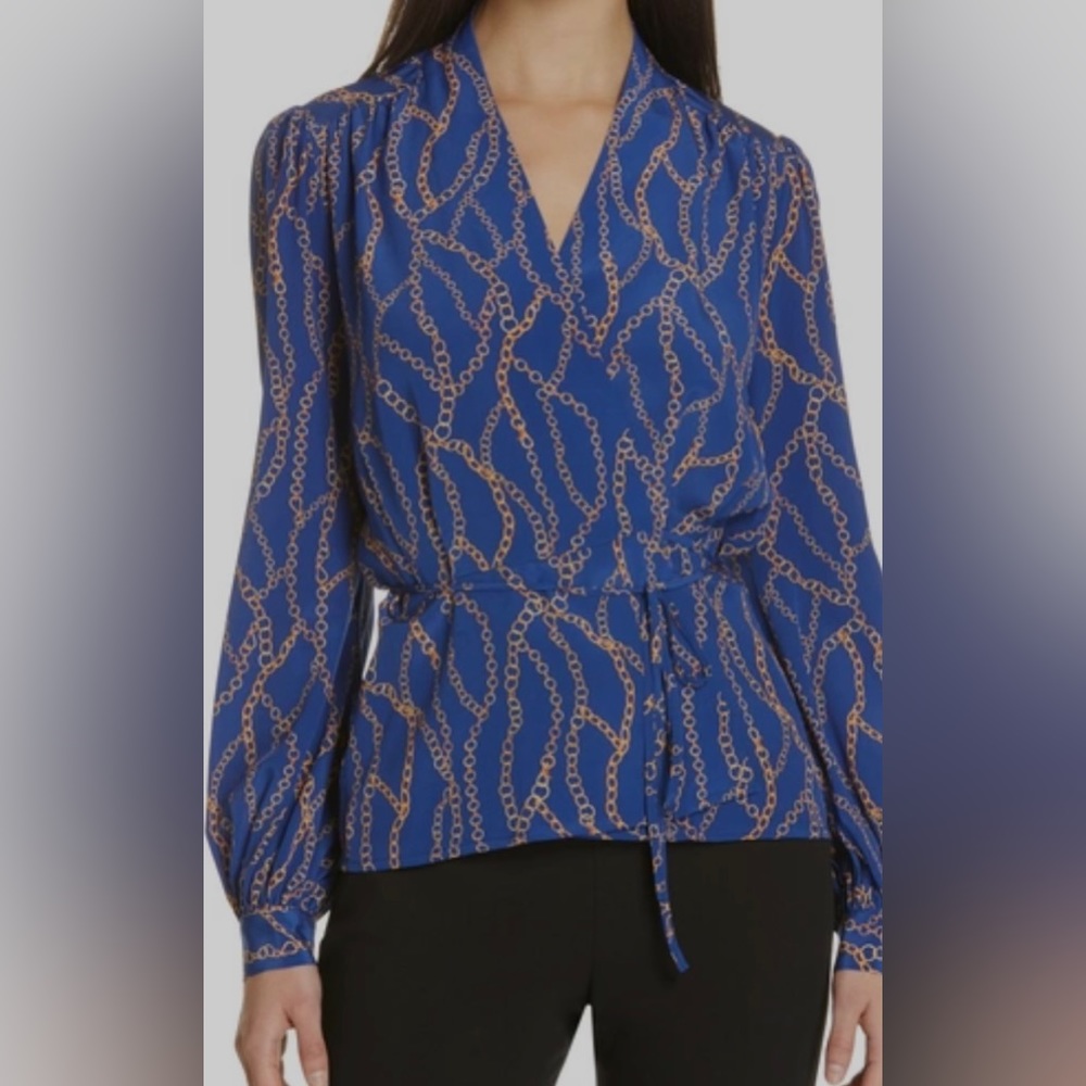 L AGENCE Cara silk wrap blouse in royal blue with gold chain Size S